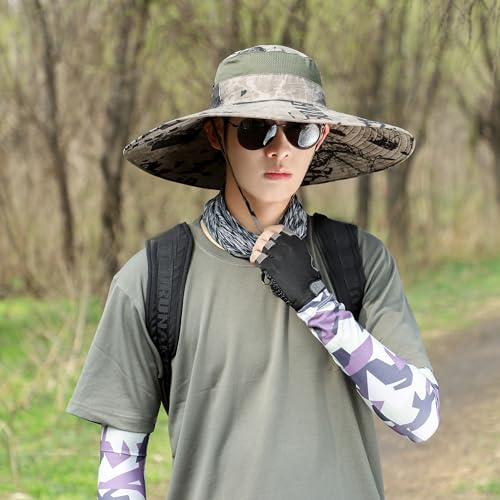 Wide Brim Sun Hat for Men Women UV Protection Bucket Fishing Hats - color: Khaki Ink Wash