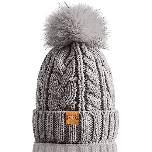 REDESS Women Winter Pompom Beanie Hat with Warm Fleece Lined Thick Slouchy Snow Knit Hat Skull Ski Cap - color: New Light Gray