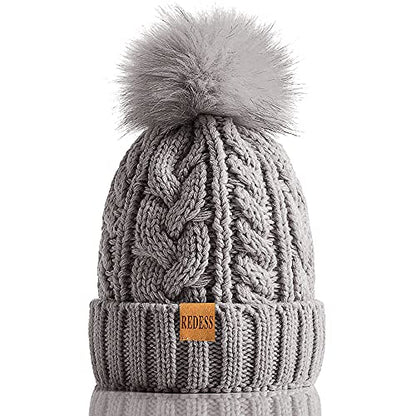 REDESS Women Winter Pompom Beanie Hat with Warm Fleece Lined Thick Slouchy Snow Knit Hat Skull Ski Cap - color: New Light Gray