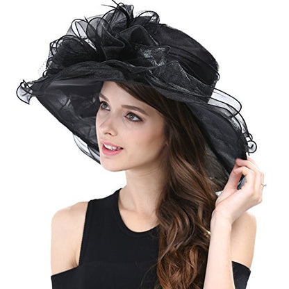 Janey&Rubbins Women's Feathers Floral Fascinating Wide Brim Lightweight Church Derby Hat - color: Black