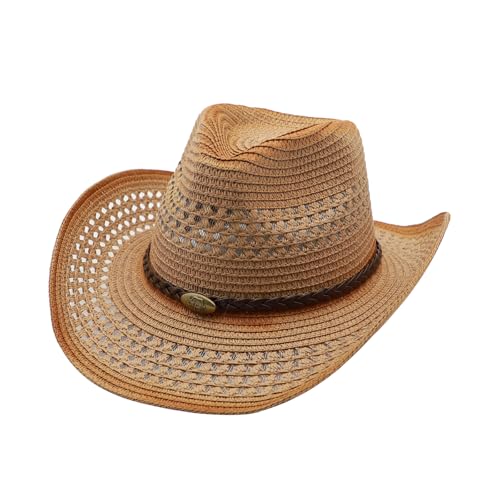 Straw Cowgirl Hat for Women Cowboy Hats for Men Wide Brim Sun Hat Shapeable Western Hat Beach Hat - color: Khaki-caramel