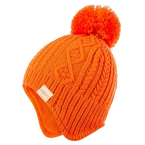 Kids Winter Beanie Hat and Scarf Set with Pom Pom for Girls, Children's Thick Ski Cap with Earflap Fleece Lined Hat 3-9 Years - color: Orange