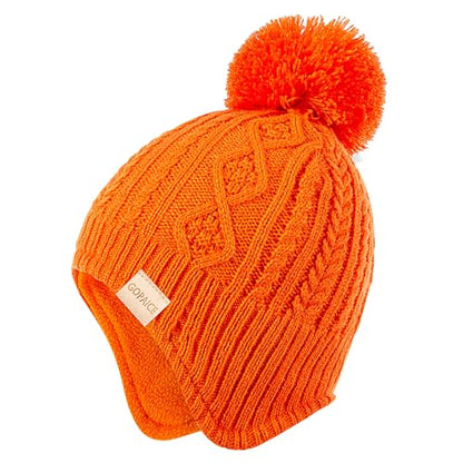 Kids Winter Beanie Hat and Scarf Set with Pom Pom for Girls, Children's Thick Ski Cap with Earflap Fleece Lined Hat 3-9 Years - color: Orange