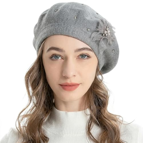 ZLYC Women French Beret Hat Reversible Solid Color Mosaic Warm Artist Cap - color: Bead Flower Gray