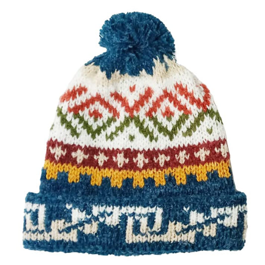 TINKUY Peru Alpaca Wool Winter Beanie, Handmade Bobble Hat, Unisex, One Size - color: Steel Blue