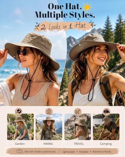 Wide Brim Waterproof Bucket Rain Hat for Women Men UPF50+ Cowboy Sun Hat - color: Khaki