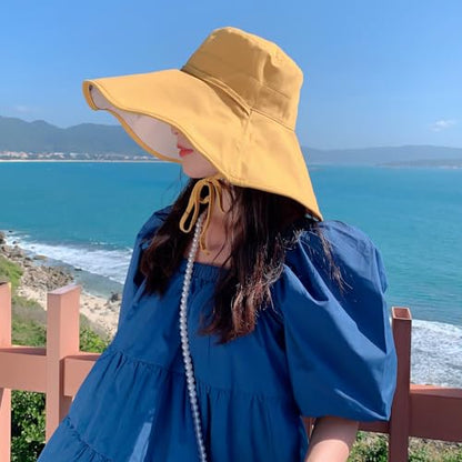 HUAMULAN Women Summer Vacation Wide Brim Sun Hat Reversible Fishing Hats - color: Beige Yellow With Butterfly