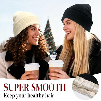 PFFY Womens Satin Lined Beanie Silk Lining Winter Hats Beanies for Women - color: Black+grey
