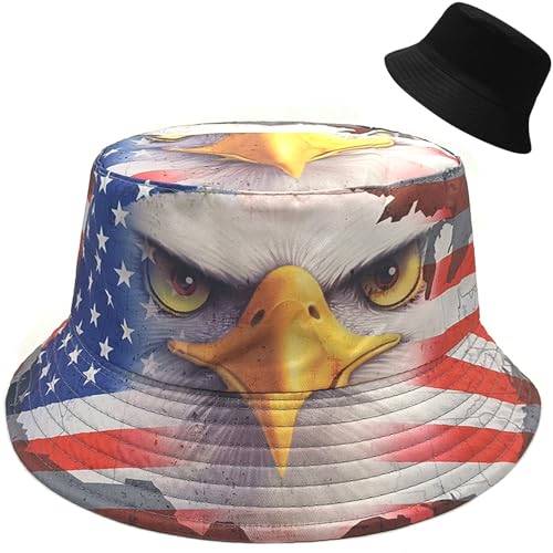 Bucket Hat Beach Sun Hat Fishing Hat for Women Men, Summer Outdoor Travel Packable Fisherman Hat - color: American Flag Eagle