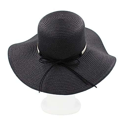 4.5" Wide Brim Foldable UPF50 Rhinestone Trim Floppy Summer Straw Sun Beach Hat - color: Black