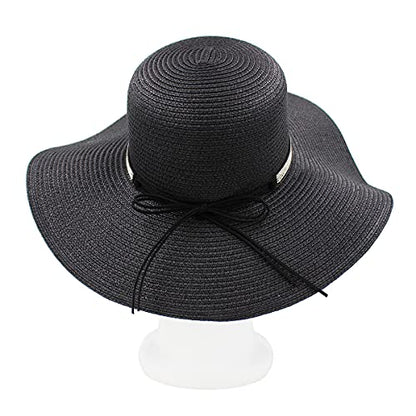 4.5" Wide Brim Foldable UPF50 Rhinestone Trim Floppy Summer Straw Sun Beach Hat - color: Black