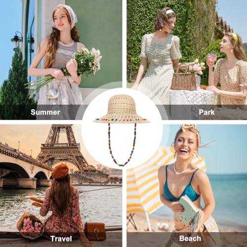 YAMEIZE Flower Straw Bucket Hats for Women Raffia Beach Sun Hat Wide Brim Packable Woven Hat for Summer - color: Color Bead Beige