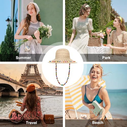 YAMEIZE Flower Straw Bucket Hats for Women Raffia Beach Sun Hat Wide Brim Packable Woven Hat for Summer - color: Color Bead Beige