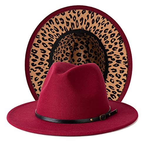 Women Two Tone Wide Brim Fedora Felt Panama Hat - color: Burgundy/Leopard