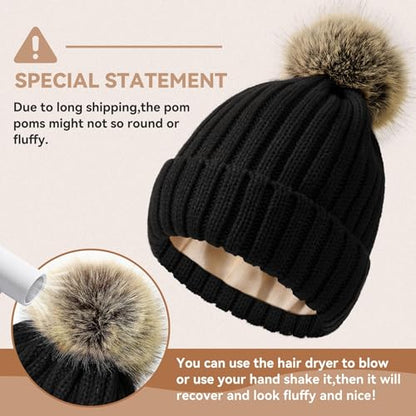 Zando Women's Satin Lined Beanie with Faux Fur Pom Pom - color: Beige