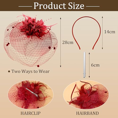 Fascinators Hats Tea Party Hats for Women Feather Veil Headband Vintage Lace Cocktail Headwear Bridal Wedding Veil Retro Hat - color: Wine Red