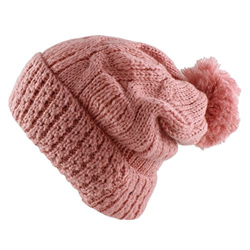 Morehats Thick Crochet Knit Pom Pom Beanie Winter Ski Hat - color: Pink