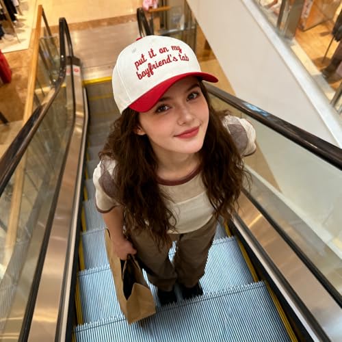 Funny Embroidered Trucker Hat, Vintage Two-Tone Cotton Baseball Cap for Men Women, Adjustable Dad Hat Gift Idea - color: Put It on My Boyfriend's Tab, Red/Beige