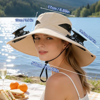 Hat with Fans Solar Power, UPF 50+ Wide Brim Sun Hat, Fishing Essentials for Hiking Beach Summer Safari - color: Khaki