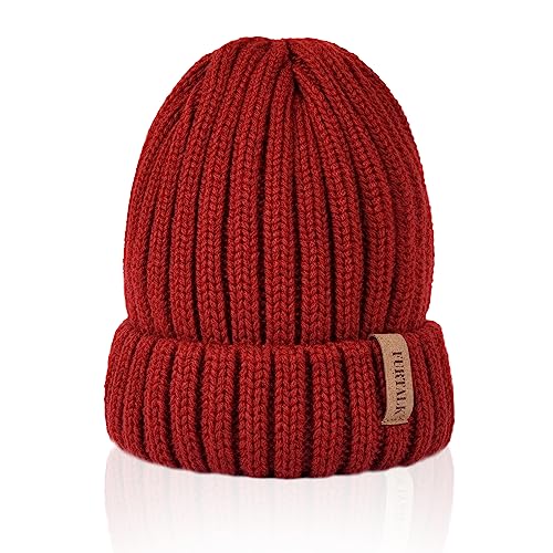 Fleece Lined Beanie Cable Knit Chunky Beanies Womens Snow Cap - color: Wine Red