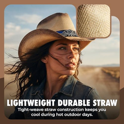 grinderPUNCH Straw Cowboy Hat for Men Women Western Cowgirl Outback Sun Hat - color: White