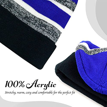Winter Knit Beanie Hat with Pom Pom – Warm Cuffed Slouch Ski Cap for Men & Women - color: 2.black and Royal