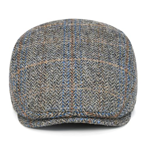 FEINION Men Wool Blend Flat Cap Tweed Newsboy Ivy Hat - color: Plaid Grey 2