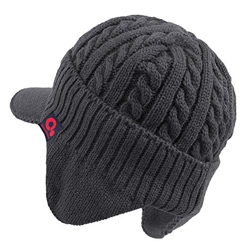 Women's Winter Cable Knitted Visor Beanie Fleece Lining Ear Flap Baseball Cap Hunting Trapper Hat with Billed - color: Dark Grey