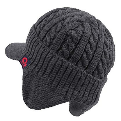 Women's Winter Cable Knitted Visor Beanie Fleece Lining Ear Flap Baseball Cap Hunting Trapper Hat with Billed - color: Dark Grey