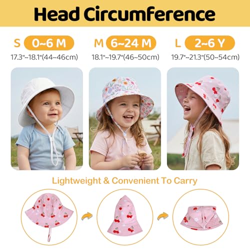 Toddler Bucket Hats UPF 50+ Baby Sun Hat Adjustable Kids Sun Protection Summer Hat Wide Brim Beach Hat for Boys Girls 0-6Y - color: White+flower+cherry, size: 0-6 Months