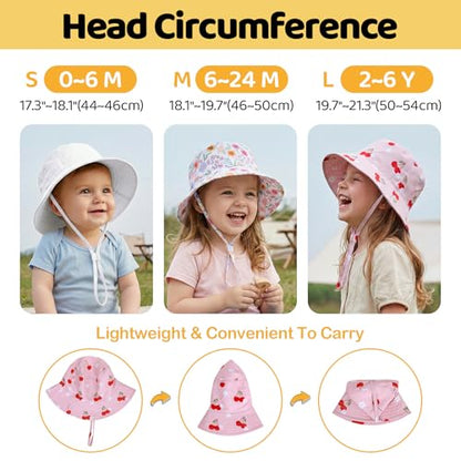 Toddler Bucket Hats UPF 50+ Baby Sun Hat Adjustable Kids Sun Protection Summer Hat Wide Brim Beach Hat for Boys Girls 0-6Y - color: White+flower+cherry, size: 0-6 Months