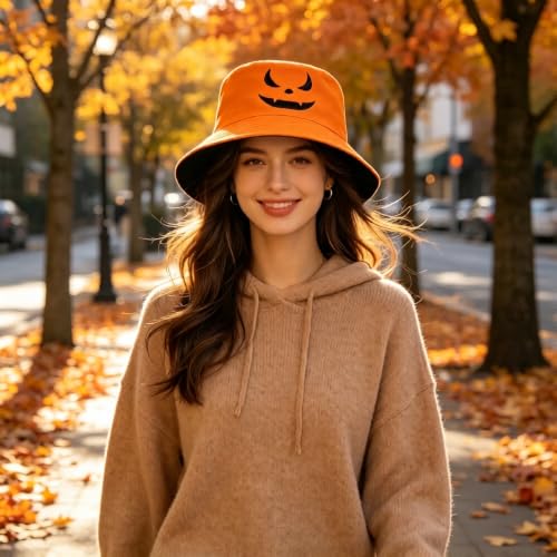 Halloween Bucket Hat for Women Men Unisex Pumpkin Hat Reversible Sun Cap Outdoor Fisherman Hat