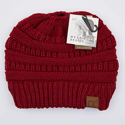 C.C Exclusives Soft Stretch Cable Knit Messy Bun Ponytail Beanie Winter Hat for Women (MB-20A) - color: Solid Burgundy