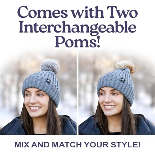 Funky Junque Women’s Winter Detachable Pom Beanie – Warm Knit Hat with Removable Faux Fur Pom, Soft Stretch Acrylic Cozy Cap - color: Denim