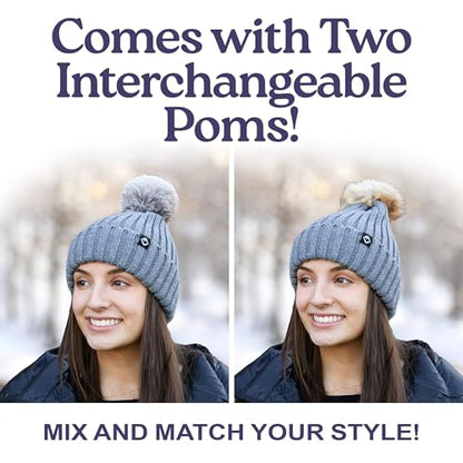 Funky Junque Women’s Winter Detachable Pom Beanie – Warm Knit Hat with Removable Faux Fur Pom, Soft Stretch Acrylic Cozy Cap - color: Denim