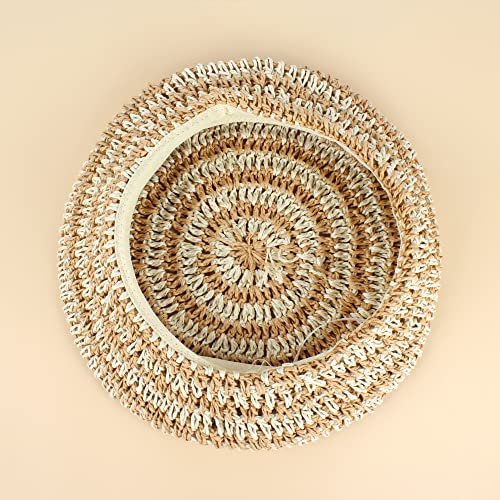 Women Summer Straw Woven Sunhat Classic Beret Artist Painter Sun Hat Cap - color: Stripes Khaki