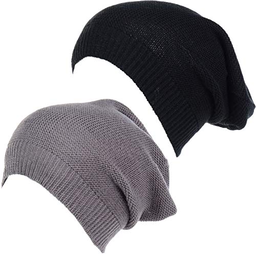 an Unisex Striped Knit Slouchy Beanie Hat Lightweight Soft Fashion Cap - color: 5104-2pk-charc