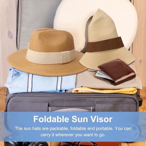 DRESHOW Women Straw Panama Hat Travel Fedora Beach Sun Hat Summer Wide Brim Straw Roll up Hat UPF 50+ - color: 1 Pack Straw Hat: Khaki (+ 2 Replaceable Ribbon Bands)