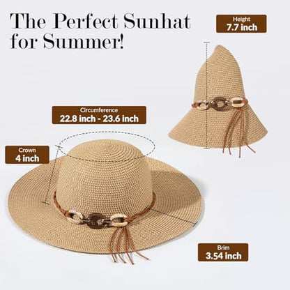 Pleneal Beach Sun Staw Hats for Women, UPF 50+ Foldable Wide Brim Sun Hat - color: Khaki - C