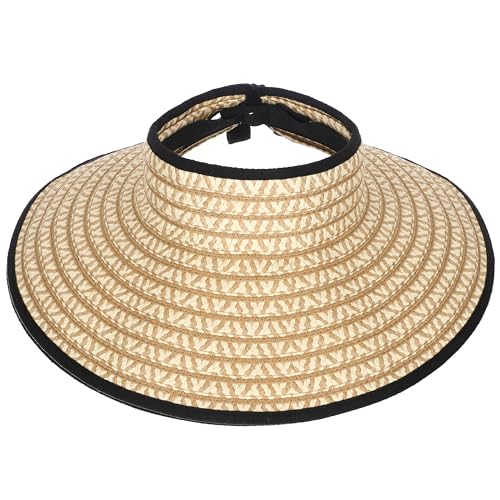 sy soul young Women's Straw Hat with Ponytail Hole Wide Brim Visor Sunhat - color: Black & Beige
