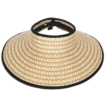 sy soul young Women's Straw Hat with Ponytail Hole Wide Brim Visor Sunhat - color: Black & Beige