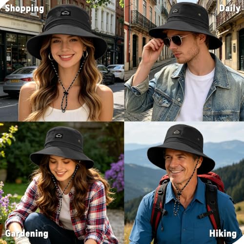 ZOORON Sun Bucket Hats for Women Men UPF 50+Packable Fishing Hats Quick Dry Waterproof Hiking Hat with Detachable Chin Strap - color: 1pack-black