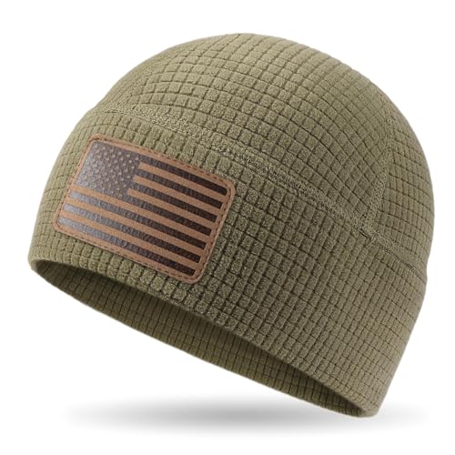 OUTDOOR SHAPING American Leather Flag Fleece Watch Cap, USA Multi-Season Army Military Tactical Beanie, Winter Warm Beanie - color: Army Green