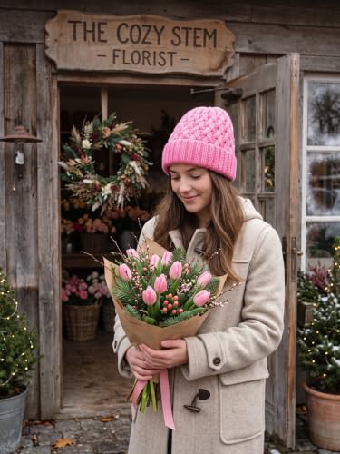 Winter Hats for Women Cable Knit Chunky Skull Cap Fleece Lined Thick Fold Cuff Beanie hat - color: Pink, style: Pineapple