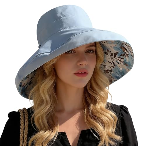 Women Bohemian Reversible Sun Hat Wide Brim Fishing Hats - color: Blue Boho Print