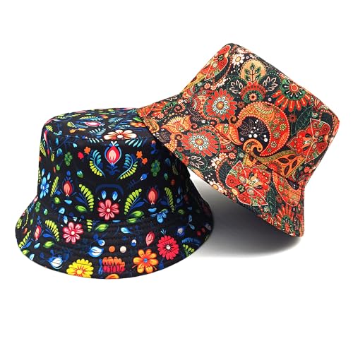 Printed Bucket Hat - Reversible Packable Summer Travel Beach Sun Cap for Men Women Teens - color: Boho Folk Floral