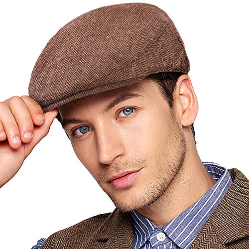 Herringbone Flat Ivy Newsboy Cap for Men 1920s Wool Blend Tweed Cabbie Hat - color: 002 Brown, size: Large-X-Large