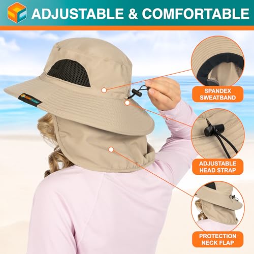 SUN CUBE Wide Brim Sun Hat for Men & Women, UPF 50+ UV Protection, Mesh Boonie Hat with Chin Strap, Fishing Hiking Hat - color: Tan With Flap