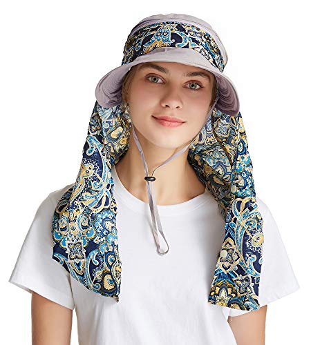 icolor Women Sun Hat UPF 50+ Sun Protection Hat Summer Outdoor Neck Shield Flap Visor Hat Ponytail Hats Wide Brim Beach Hat - color: Gray