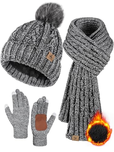 Winter Hat Scarf Gloves Set, Fleece Lined Cable Knit Pompom Hat Women Gift - color: Black and White